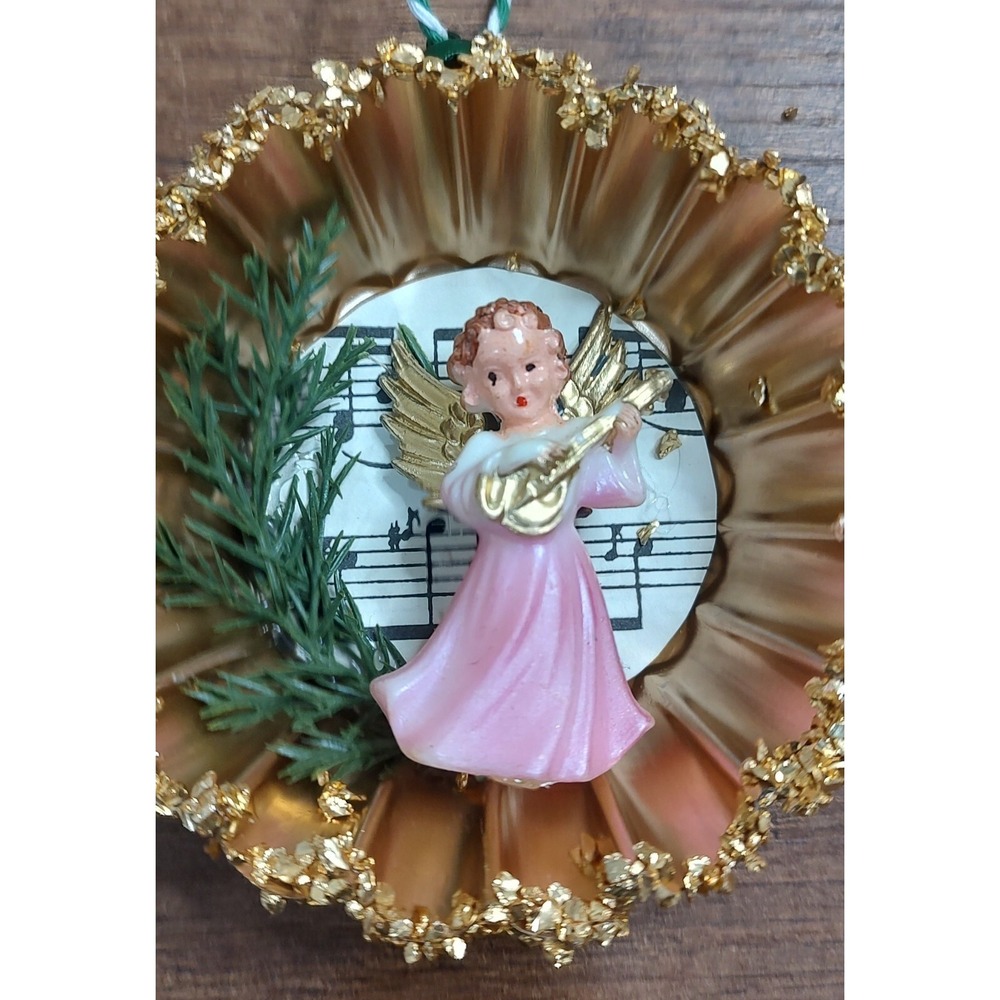 Angel Christmas Ornament OOAK Handmade Tart Tin VTG Diorama Sheet Music Pink
